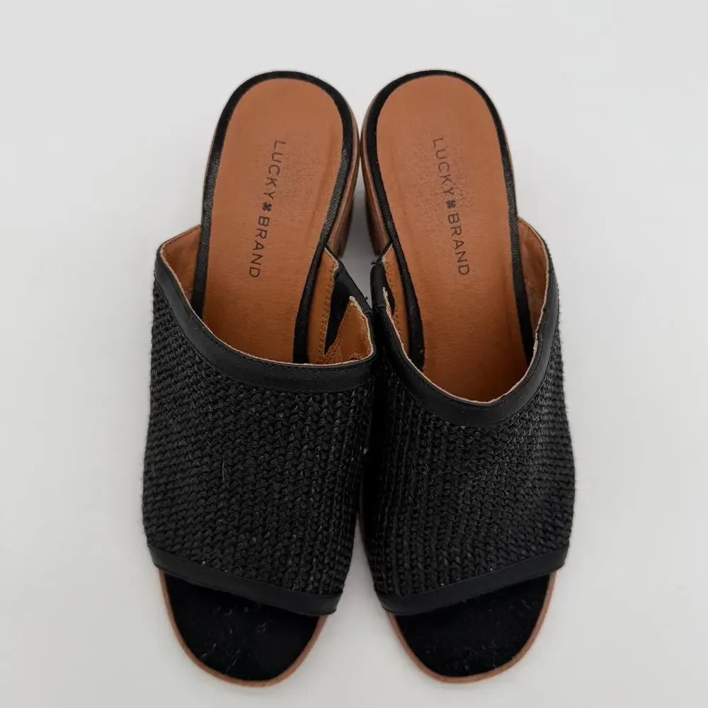 Lucky Brand Lenira Slide Sandal Black Popcorn Casual Chunky Heel 8.5